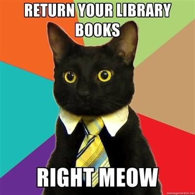 Black cat with message stating return your library books
